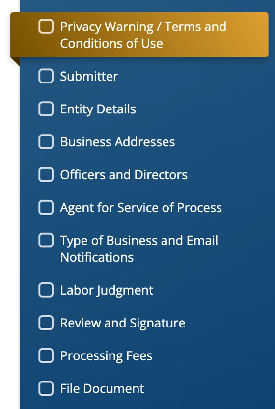 Sidebar showing each step of the Statement of Information form
